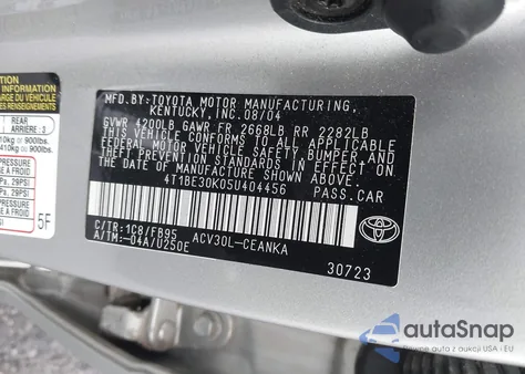 2005 Toyota Camry Le z USA, uszkodzony, nr VIN 4T1BE30K05U404456